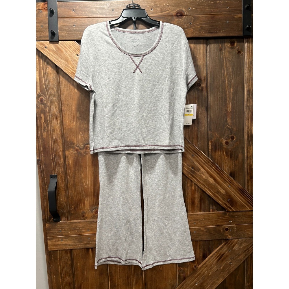 ROUDELAIN Pajama Set Heather Gray Burgandy Plaid Trim Short Sleeve Pockets M